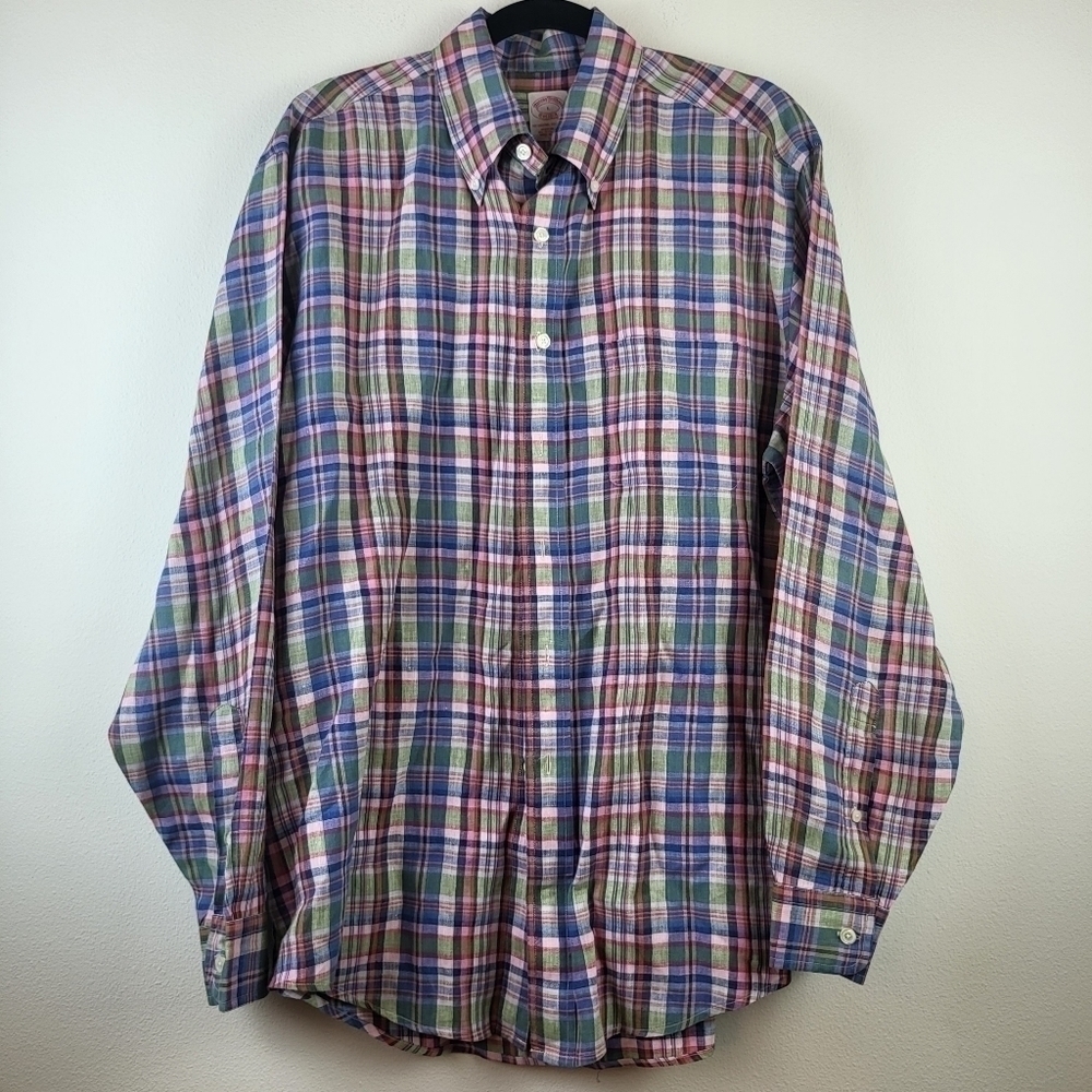 Brooks Brothers The original polo shirt irish linen plaid Shirt Size Large